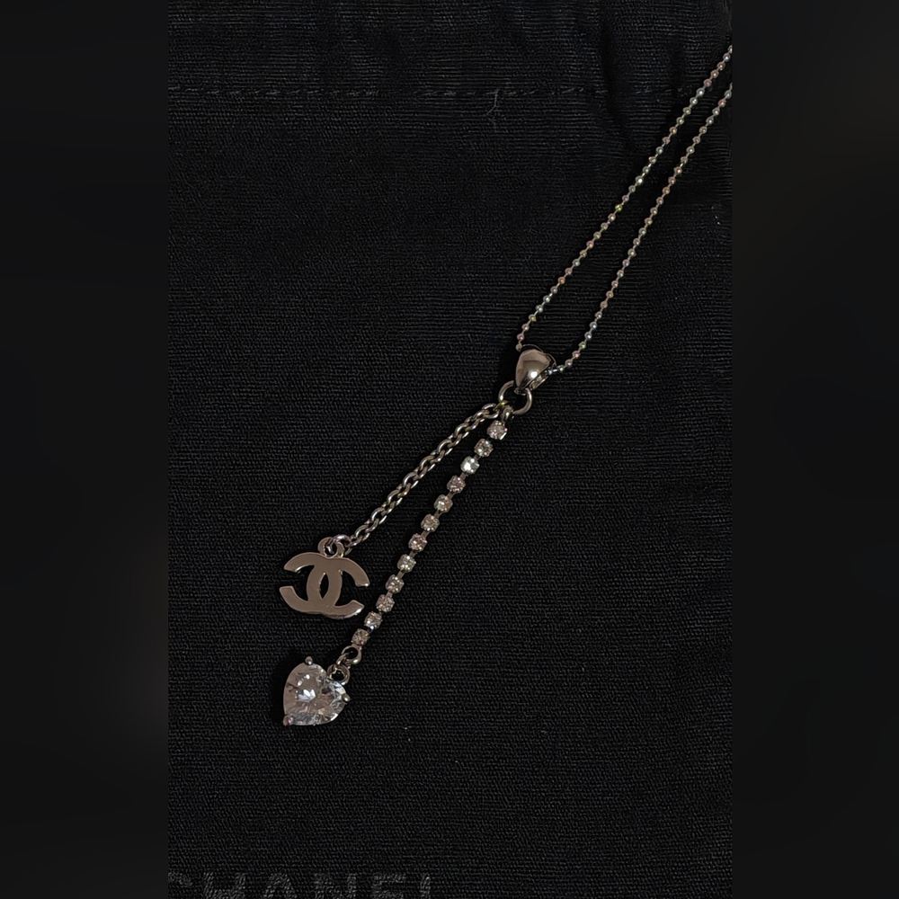 Stainless Steel necklace with CC  and Crystal heart pendants
